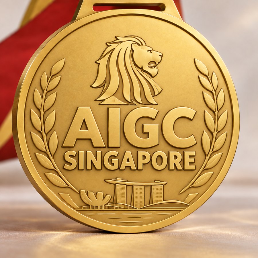 Official AIGC Singapore gold medal with the AIGC lion, laurel wreath and Marina Bay skyline