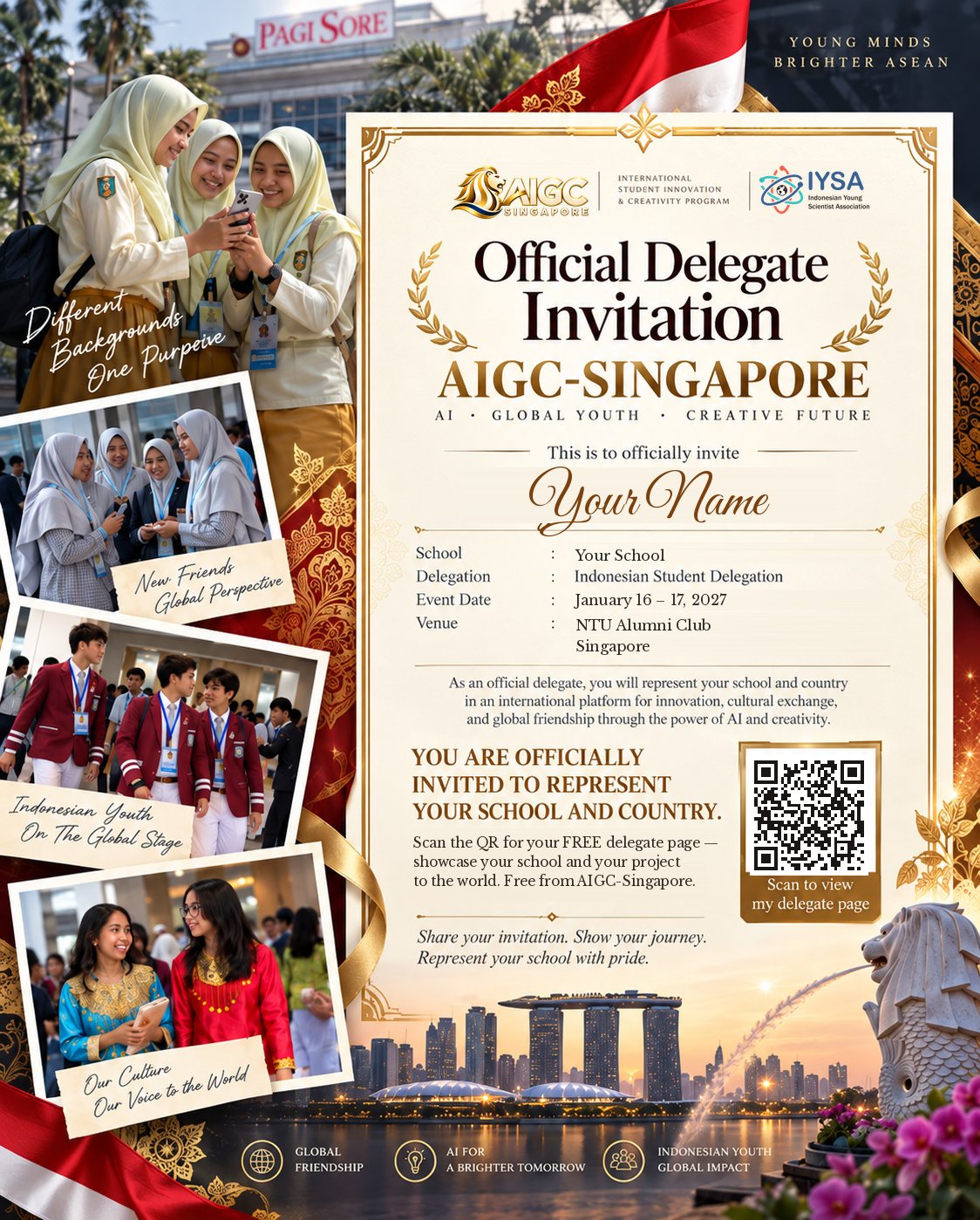 Sample Official Delegate Invitation for AIGC Singapore with the delegate's name, school, event date January 16–17, 2027, venue NTU Alumni Club, and a QR code